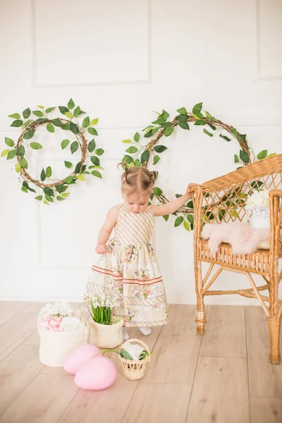 Cute Little Girl Dress Floral Print Easter Decorations Studio Little — Stock Photo, Image