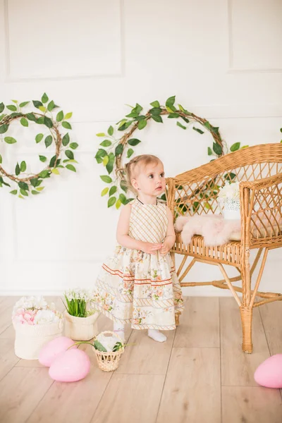 Cute Little Girl Dress Floral Print Easter Decorations Studio Little — Stock Photo, Image