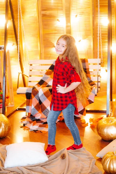 Cute Little Girl Long Hair Red Checkered Shirt Autumn Scenery — Stock Photo, Image