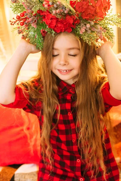 Cute Little Girl Long Hair Red Checkered Shirt Autumn Scenery — Stock Photo, Image