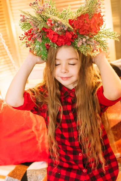 Cute Little Girl Long Hair Red Checkered Shirt Autumn Scenery — Stock Photo, Image