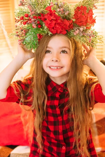 Cute Little Girl Long Hair Red Checkered Shirt Autumn Scenery — Stock Photo, Image