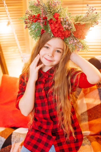 Cute Little Girl Long Hair Red Checkered Shirt Autumn Scenery — Stock Photo, Image