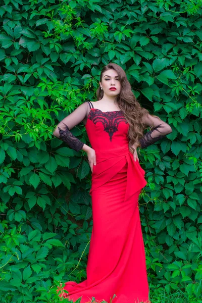 Красивая Молодая Девушка Длинными Волосами Вечернее Модное Красное Платье Красной — стоковое фото