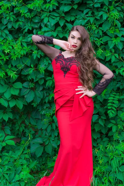 Beautiful Young Girl Long Hair Evening Fashionable Red Dress Red — Stock Photo, Image