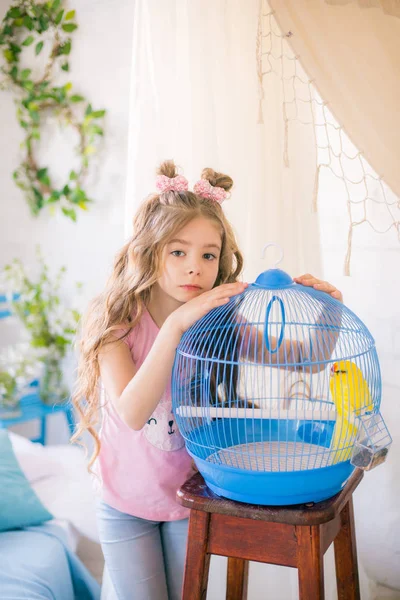 Kleines Süßes Mädchen Mit Langen Lockigen Haaren Mit Einem Käfig — Stockfoto