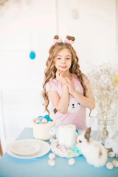 Little Cute Girl Long Curly Hair Little Bunnies Easter Decor — Stock Photo, Image