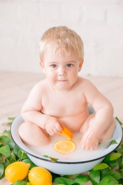 Taze meyve ile antika süt banyosunda bebek çocuk yakın - Resim