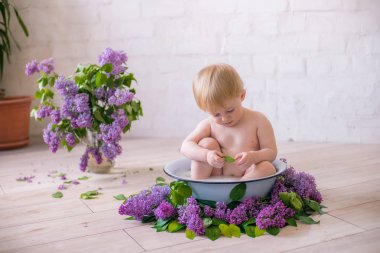Leylak çiçekleri ile antika süt banyosunda bebek çocuk yakın