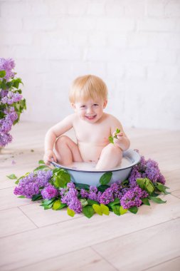 Leylak çiçekleri ile antika süt banyosunda bebek çocuk yakın