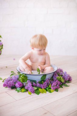 Leylak çiçekleri ile antika süt banyosunda bebek çocuk yakın