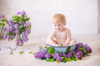Leylak çiçekleri ile antika süt banyosunda bebek çocuk yakın