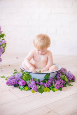 Leylak çiçekleri ile antika süt banyosunda bebek çocuk yakın