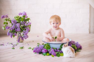 Leylak çiçekleri ile antika süt banyosunda bebek çocuk yakın