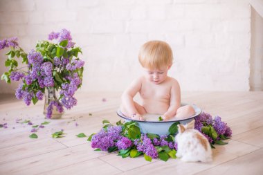 Leylak çiçekleri ile antika süt banyosunda bebek çocuk yakın
