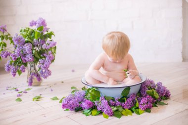 Leylak çiçekleri ile antika süt banyosunda bebek çocuk yakın