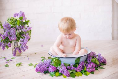 Leylak çiçekleri ile antika süt banyosunda bebek çocuk yakın