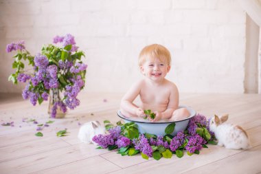 Leylak çiçekleri ve küçük tavşanlar ile antika bir süt banyosunda bebek çocuk yakın