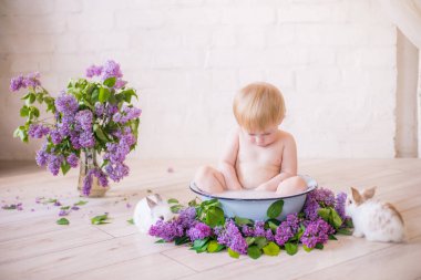Leylak çiçekleri ve küçük tavşanlar ile antika bir süt banyosunda bebek çocuk yakın