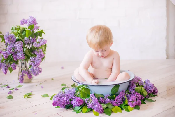 Leylak çiçekleri ile antika süt banyosunda bebek çocuk yakın