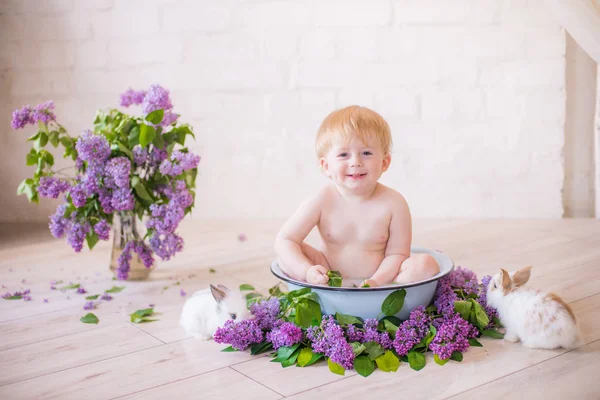 Leylak çiçekleri ve küçük tavşanlar ile antika bir süt banyosunda bebek çocuk yakın