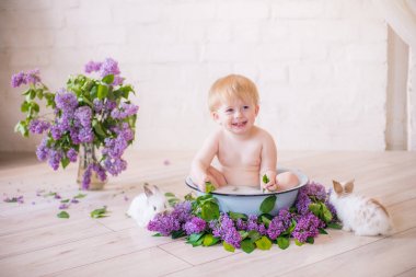 Leylak çiçekleri ve küçük tavşanlar ile antika bir süt banyosunda bebek çocuk yakın