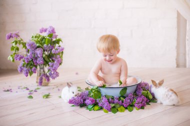 Leylak çiçekleri ve küçük tavşanlar ile antika bir süt banyosunda bebek çocuk yakın