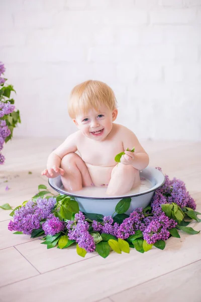 Close Baby Boy Antique Milk Bath Lilac Flowers — Stock Photo, Image