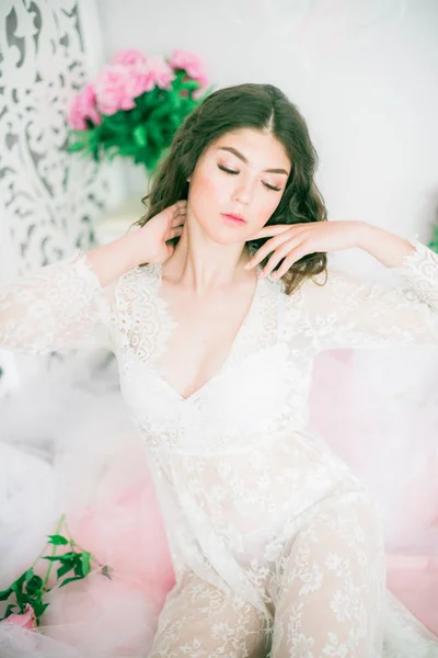 Beautiful Young Girl White Lace Dress Peony Flowers Bright Studio — Stock Photo, Image
