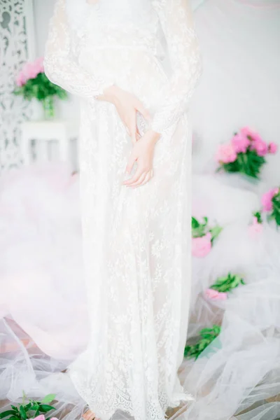 Beautiful Young Girl White Lace Dress Peony Flowers Bright Studio — Stock Photo, Image