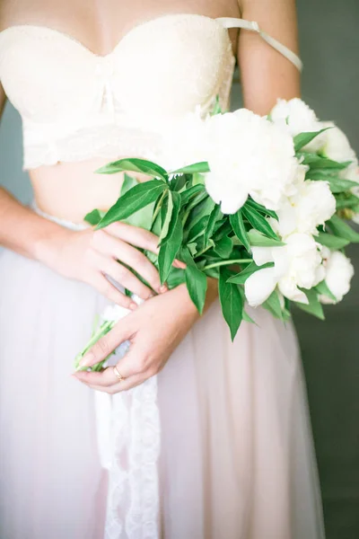 Beautiful Young Girl White Lace Dress Peony Flowers Bright Studio — Stock Photo, Image