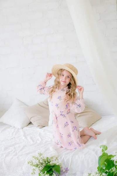 Cute Little Girl Blond Hair Beautiful Dress Spring Studio Lilac — Stock Photo, Image