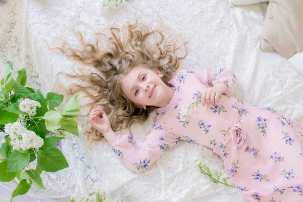 Cute Little Girl Blond Hair Beautiful Dress Spring Studio Lilac — Stock Photo, Image
