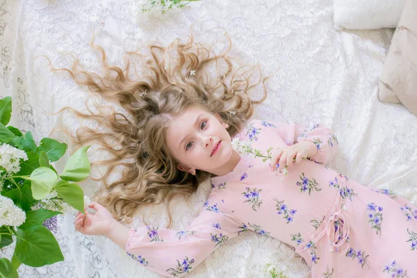 Cute Little Girl Blond Hair Beautiful Dress Spring Studio Lilac — Stock Photo, Image