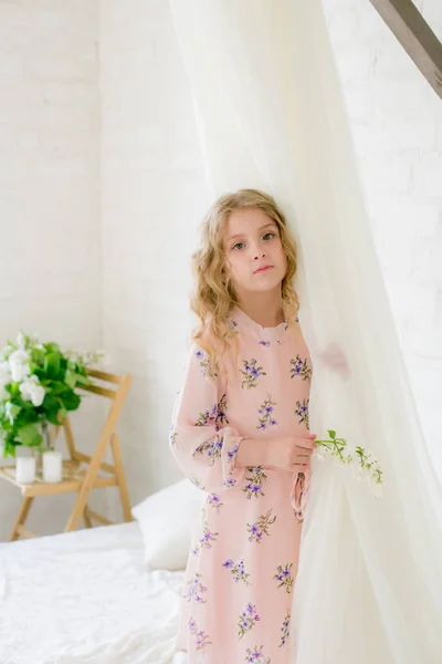 Cute Little Girl Blond Hair Beautiful Dress Spring Studio Lilac — Stock Photo, Image