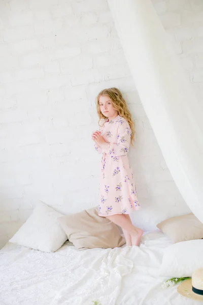 Cute Little Girl Blond Hair Beautiful Dress Spring Studio Lilac — Stock Photo, Image