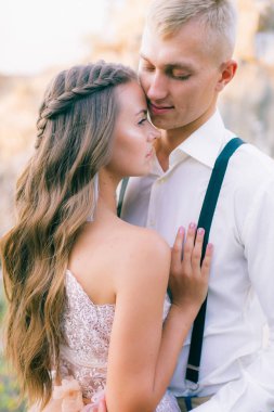 Nehir ya da göl kenarında zarif kibar bir gelin ve damat. Aşık düğün çifti 