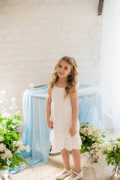 Cute Little Girl Blond Hair Beautiful Dress Spring Studio Lilac — Stock Photo, Image