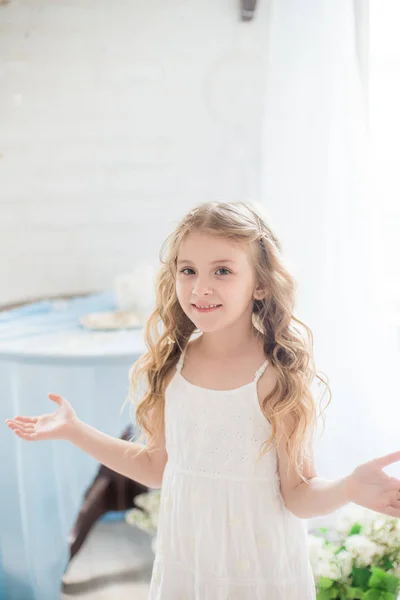 Cute Little Girl Blond Hair Beautiful Dress Spring Studio Lilac — Stock Photo, Image