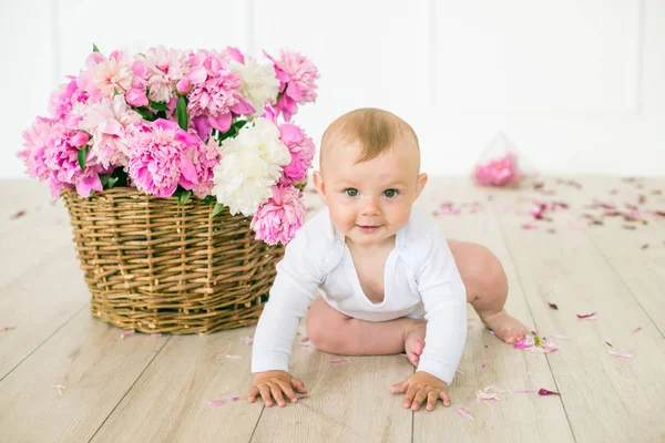 Little Cute Baby Big Basket Beautiful Spring Pink White Peonies — Stock Photo, Image