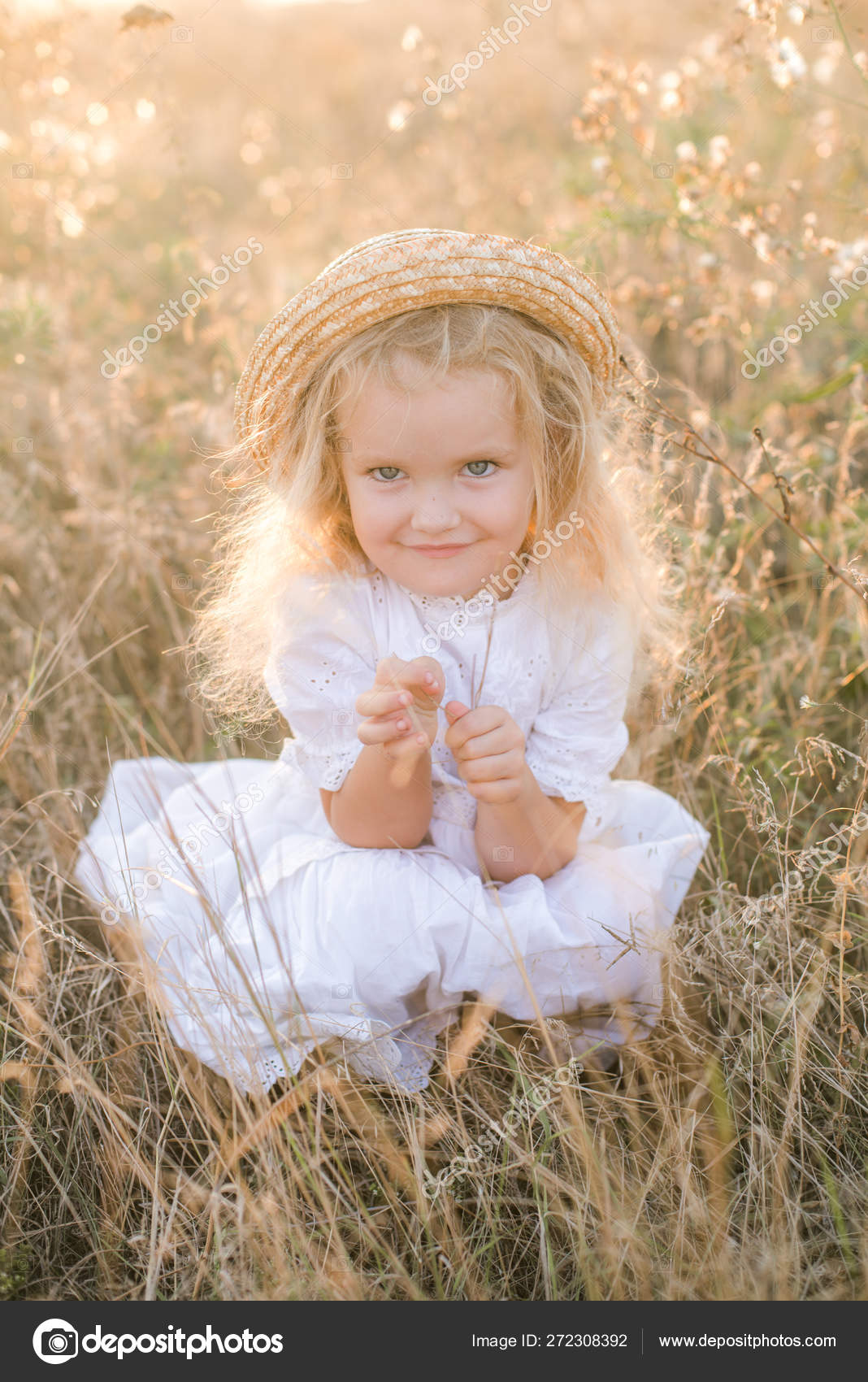 Cute Little Girl Blond Hair Summer Field Sunset White Dress