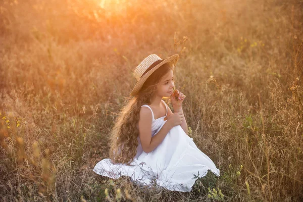 Niedliches Kleines Mädchen Mit Blonden Langen Haaren Einem Sommerfeld Bei — Stockfoto