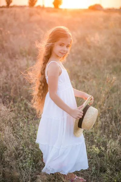 Schattig Klein Meisje Met Blond Lang Haar Een Zomer Veld — Stockfoto