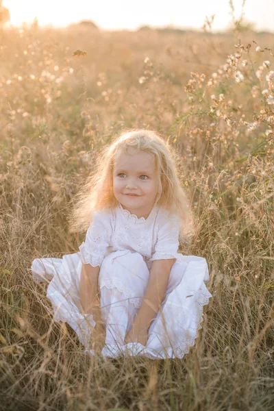 Linda Niña Con Pelo Rubio Campo Verano Atardecer Con Vestido —  Fotos de Stock