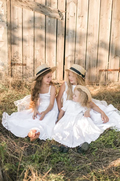 可爱的小女孩与金发长发在夏天的田野在日落的白色礼服与草帽 — 图库照片