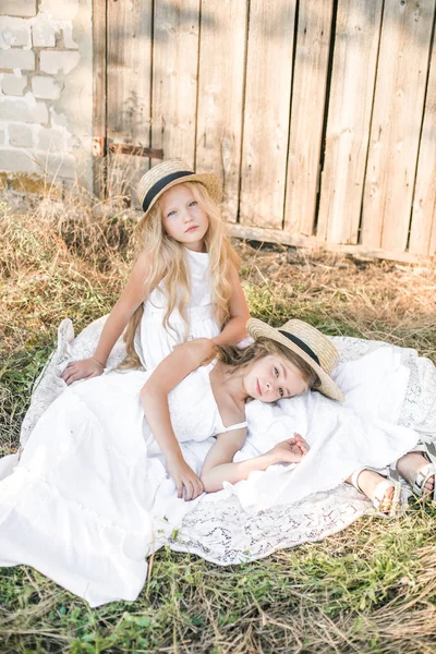 Meninas Bonitos Com Cabelos Longos Loiros Campo Verão Pôr Sol — Fotografia de Stock