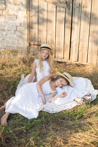 Lindas Niñas Con Pelo Largo Rubio Campo Verano Atardecer Vestidos — Foto de Stock