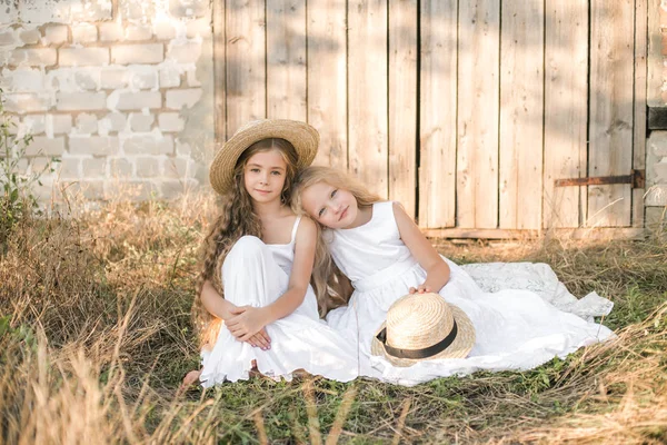 Lindas Niñas Con Pelo Largo Rubio Campo Verano Atardecer Vestidos — Foto de Stock