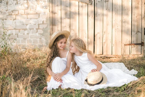 Aranyos Kis Lányok Szőke Hosszú Hajú Nyári Területen Naplementében Fehér — Stock Fotó