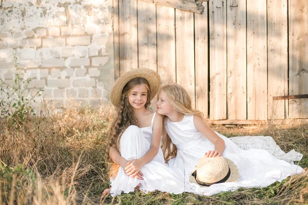 Χαριτωμένα Μικρά Κορίτσια Ξανθά Μακριά Μαλλιά Ένα Καλοκαιρινό Χωράφι Στο — Φωτογραφία Αρχείου